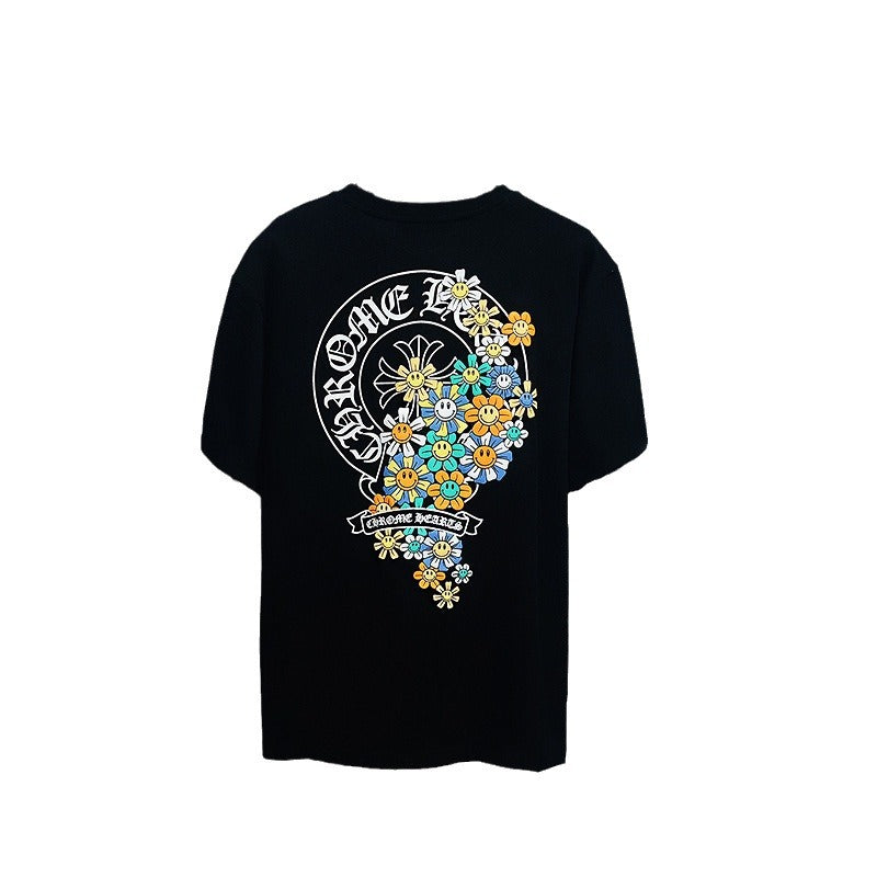 Chrome Heart T Shirts Cross Leather Print Short Sleeve T-Shirt Loose