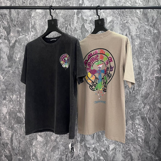 Chrome Heart T Shirts Crowe Sanskrit Horseshoe Wash Old Short Sleeve Loose Crew Neck T-Shirt