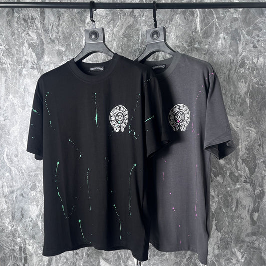 Chrome Heart T Shirts Cross Leather Print Short Sleeve T-Shirt Loose