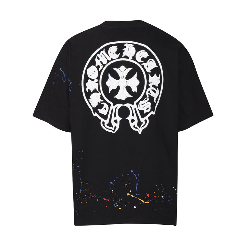 Chrome Heart T Shirts Cross Leather Print Short Sleeve T-Shirt Loose