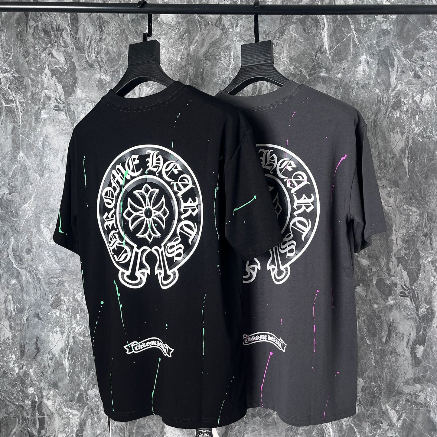 Chrome Heart T Shirts Cross Leather Print Short Sleeve T-Shirt Loose