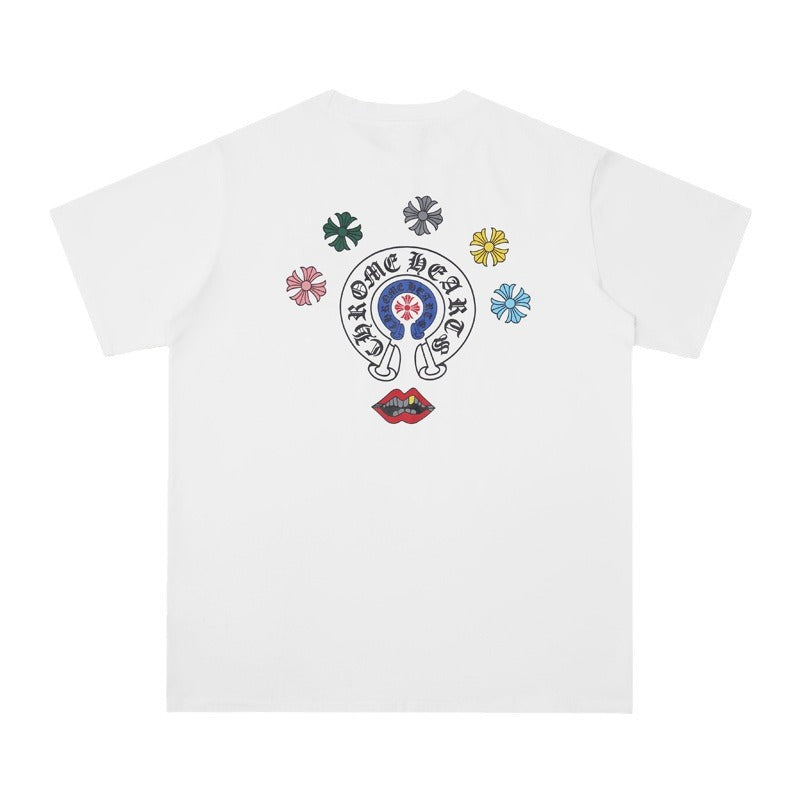 Chrome Heart T Shirts Cross Leather Print Short Sleeve T-Shirt Loose