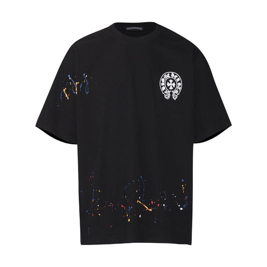 Chrome Heart T Shirts Cross Leather Print Short Sleeve T-Shirt Loose