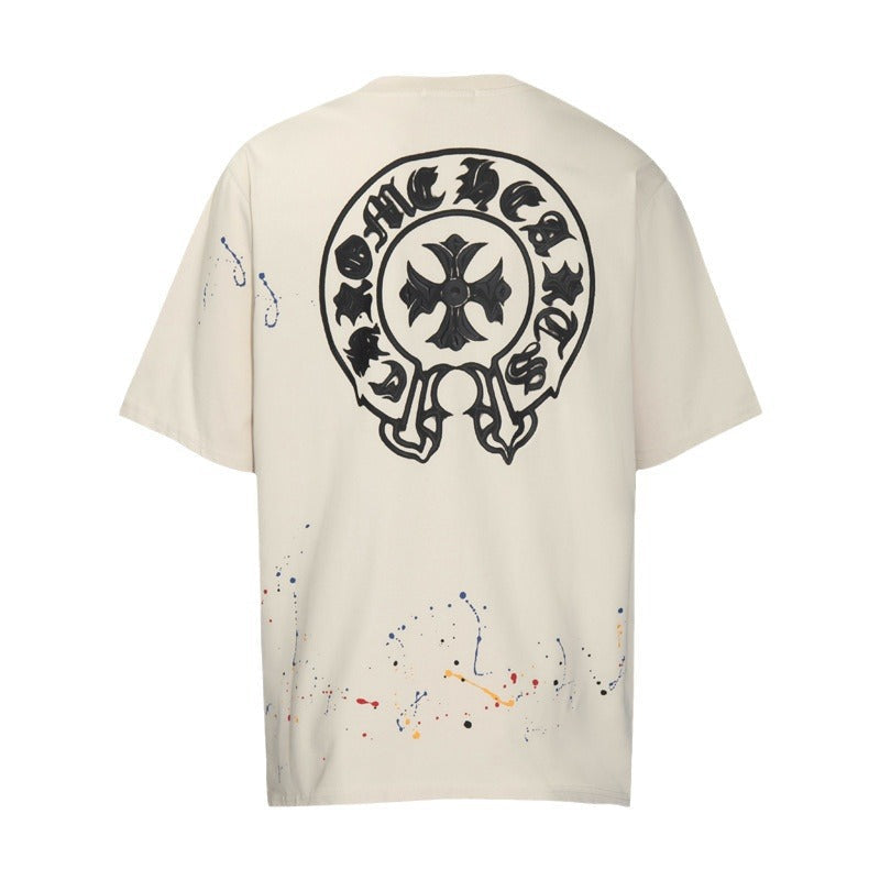 Chrome Heart T Shirts Cross Leather Print Short Sleeve T-Shirt Loose