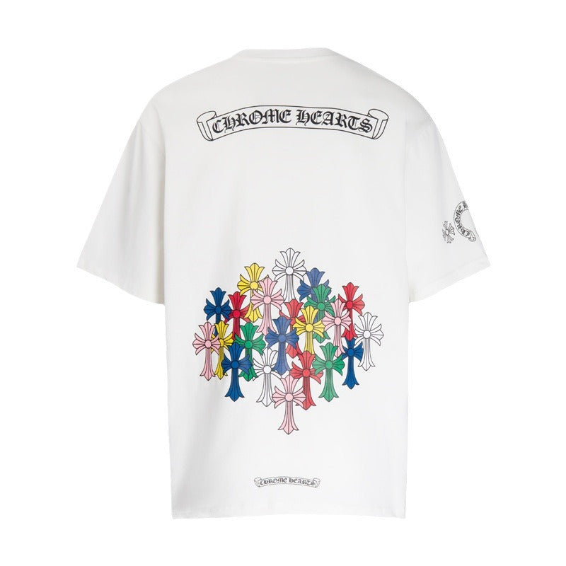 Chrome Heart T Shirts Colorful Cross Flower Arm Short Sleeve
