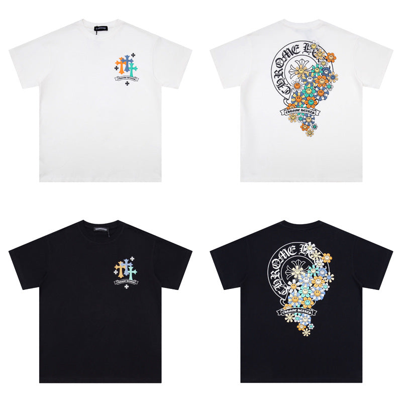 Chrome Heart T Shirts Cross Leather Print Short Sleeve T-Shirt Loose