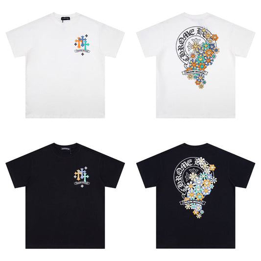 Chrome Heart T Shirts Cross Leather Print Short Sleeve T-Shirt Loose