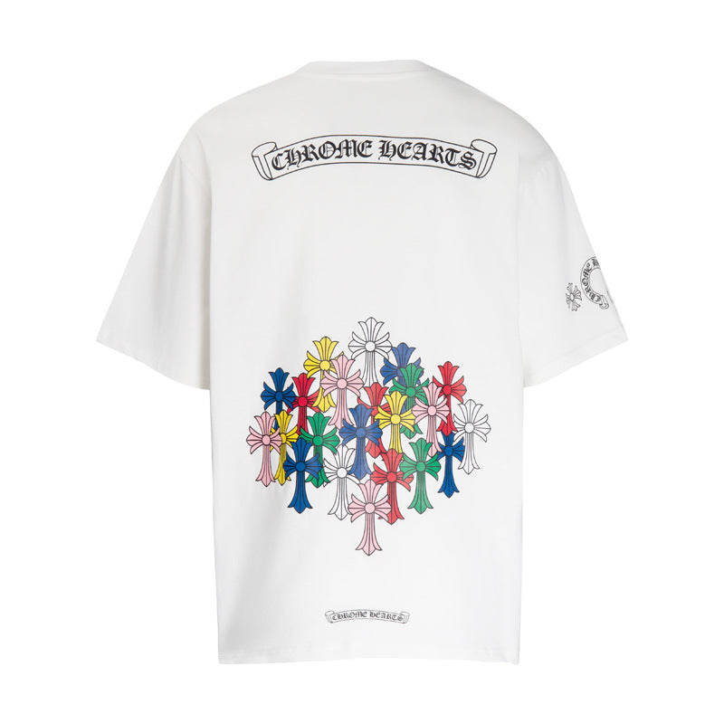 Chrome Heart T Shirts Colorful Cross Flower Arm Short Sleeve