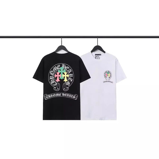 Chrome Heart T Shirts Crowe Scroll Heart Color Cross Print Crew Neck Short Sleeve