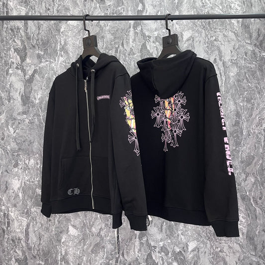 Chrome Heart Hoodie Cross, hooded zip-up cardigan sweater jacket