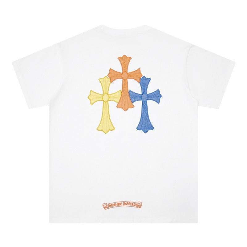 Chrome Heart T Shirts Cross Leather Print Short Sleeve T-Shirt Loose