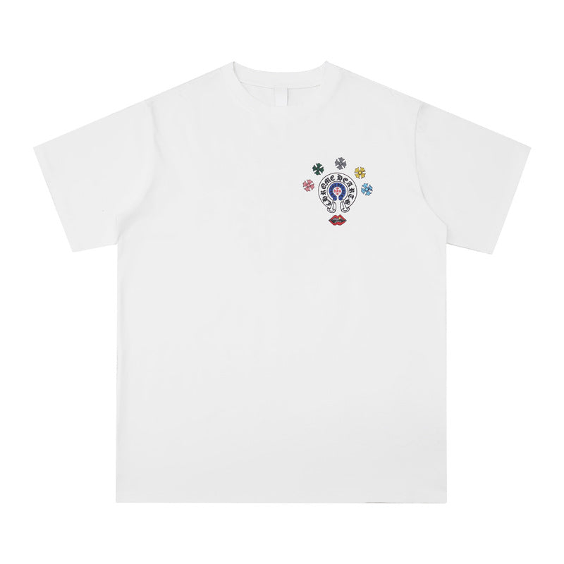 Chrome Heart T Shirts Cross Leather Print Short Sleeve T-Shirt Loose