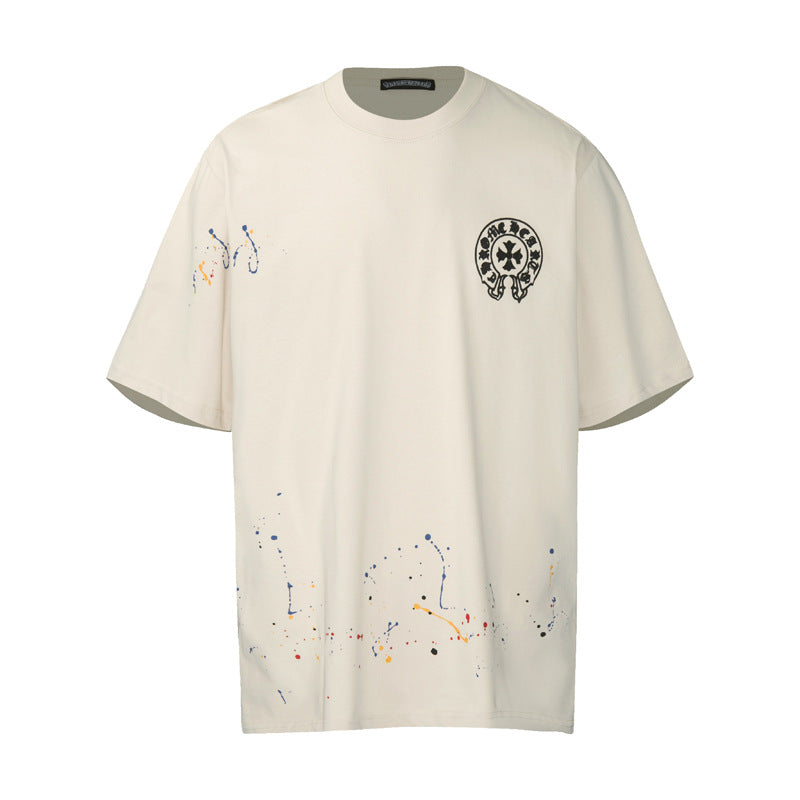 Chrome Heart T Shirts Cross Leather Print Short Sleeve T-Shirt Loose